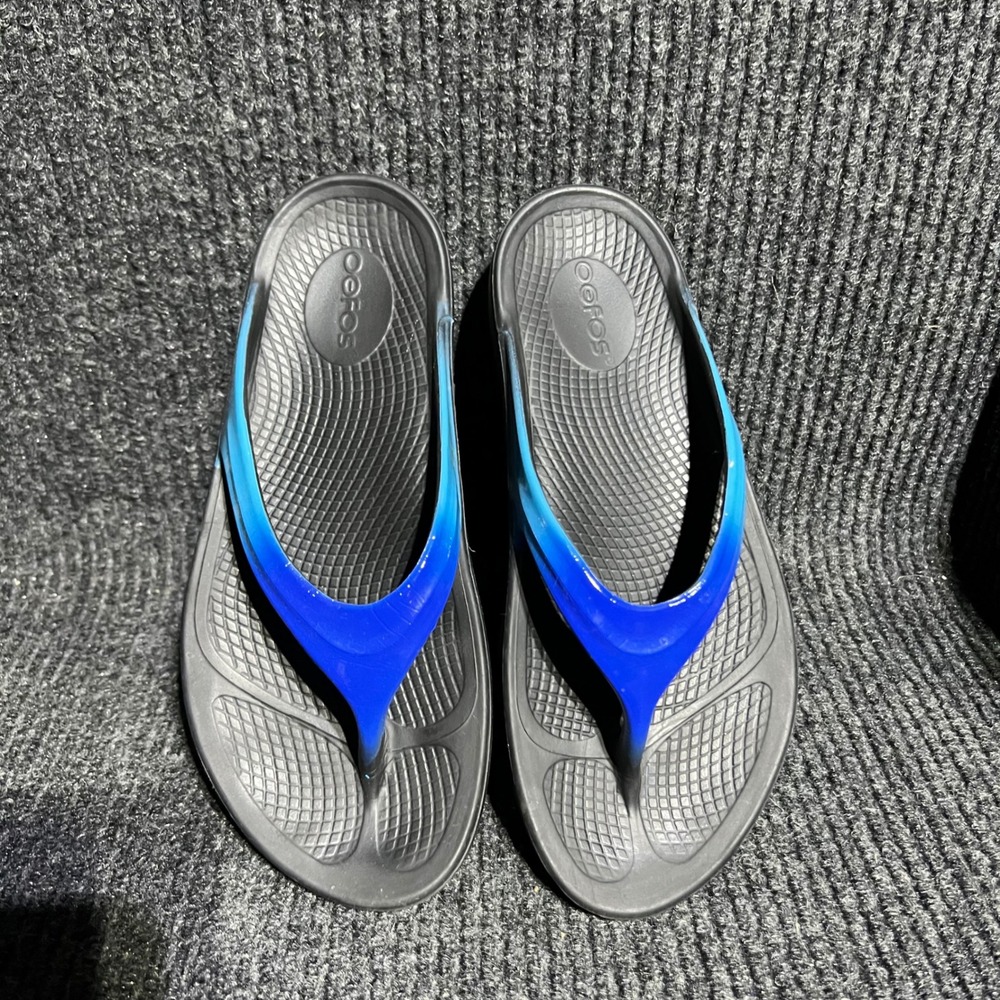 Oofos OOriginal Sport Sandals Womens 7 Black Blue Ombre Recovery Flip Flops Foam